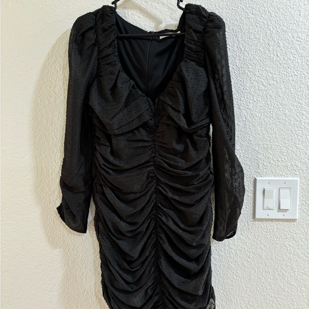 Black Ruched Long Sleeve Mini Dress • Dotted Mesh Sleeves • Size L / M Fitting •